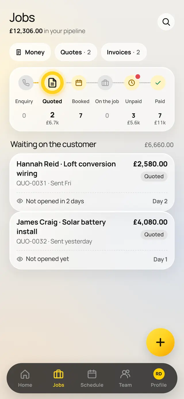 Jobs in Atsus: quotes waiting on the customer and every job from enquiry to paid
